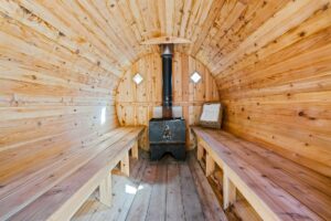 stove and benches in sauna